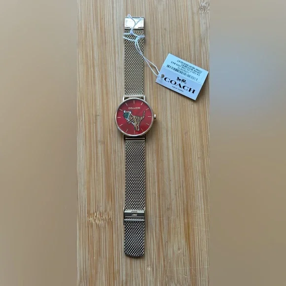 Coach Perry Watch With 36mm BurgundyRed Face With dinosaur & Golden MeshBracelet - Picture 4 of 6